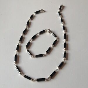 Vintage Mid-century Art Deco Style Faux Onyx Tube Link Silvertone Set